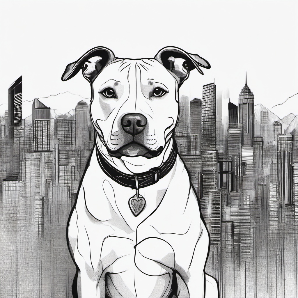 drawing of a pitbull with a cityscape background  minimal rough sketch scribbles,doodles,black and white