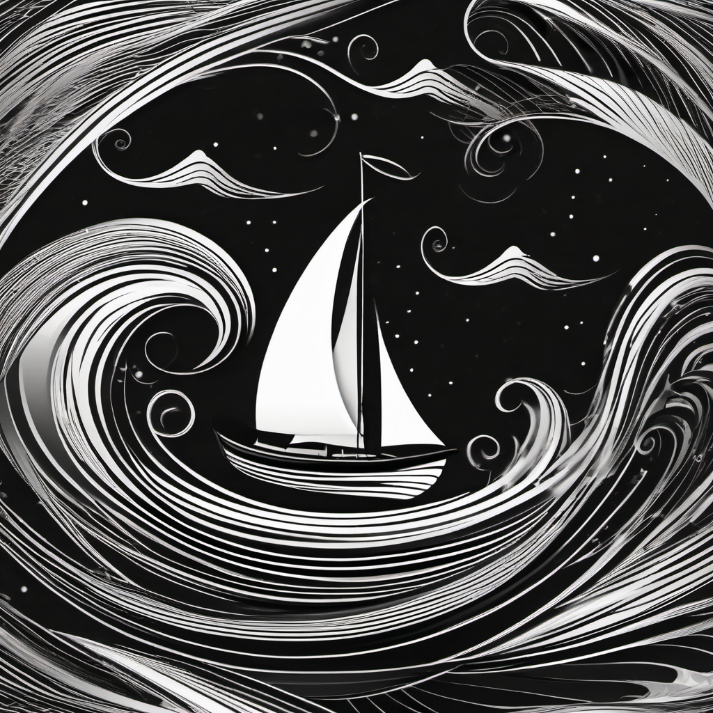 Abstract boat swirls tattoo. Spiraling journey on the waves.  minimalist black white tattoo style