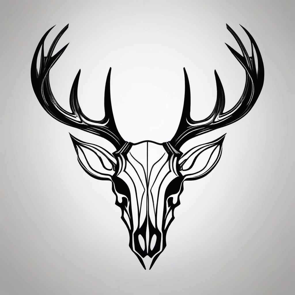 Sleek lines form a deer skull silhouette, quiet elegance in ink.  black and white tattoo style