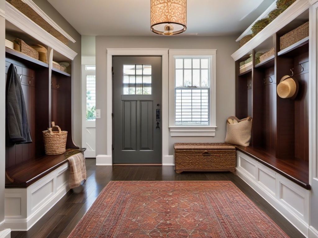 Traditional mudroom showcases classic wooden furniture, elegant decor, and rich colors for a sophisticated yet functional entryway.  