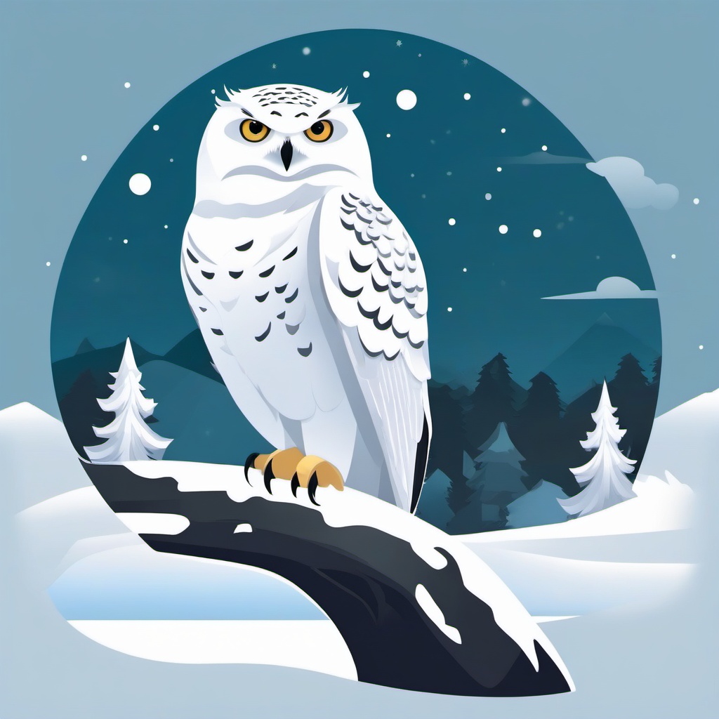 Snowy Owl perched on Pine Tree Emoji Sticker - Watchful guardian in snowy landscapes, , sticker vector art, minimalist design