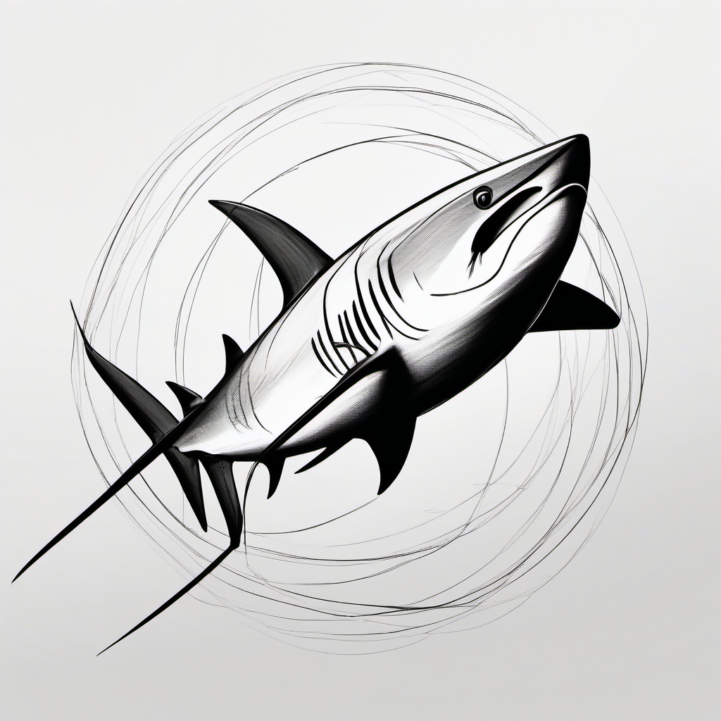 drawing of Thresher shark  minimal rough sketch scribbles,doodles,black and white