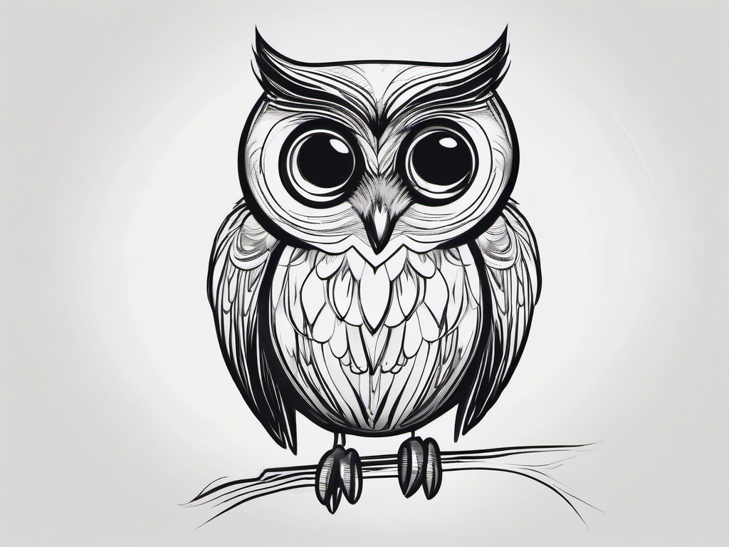 drawing of a cartoon owl with big eyes  minimal rough sketch scribbles,doodles,black and white