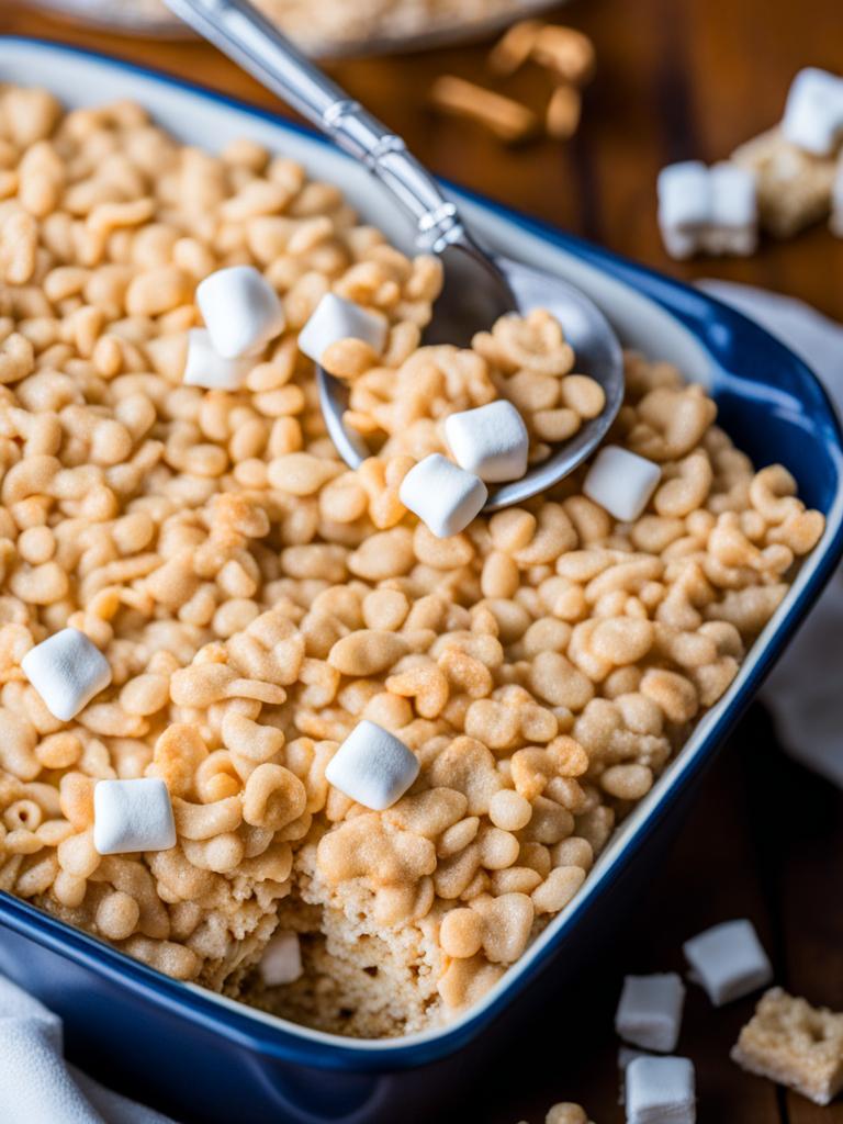 a warm and comforting rice krispie treat, gooey with melted marshmallows and crispy rice cereal. 