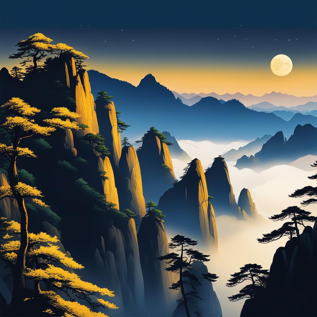 huangshan - illustrate the dreamlike night view of huangshan, or yellow mountain, with its iconic granite peaks, twisted pines, and sea of clouds 