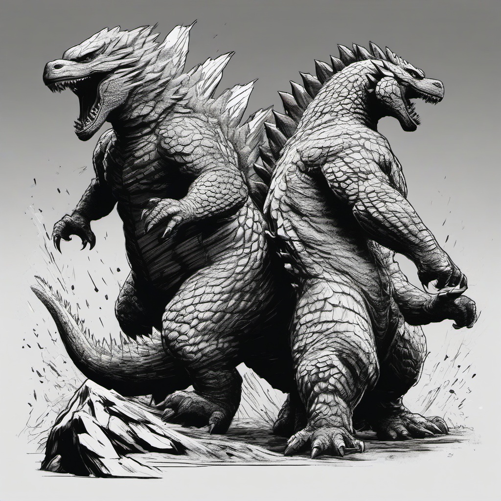 drawing of Godzilla fighting monsters  minimal rough sketch scribbles,doodles,black and white