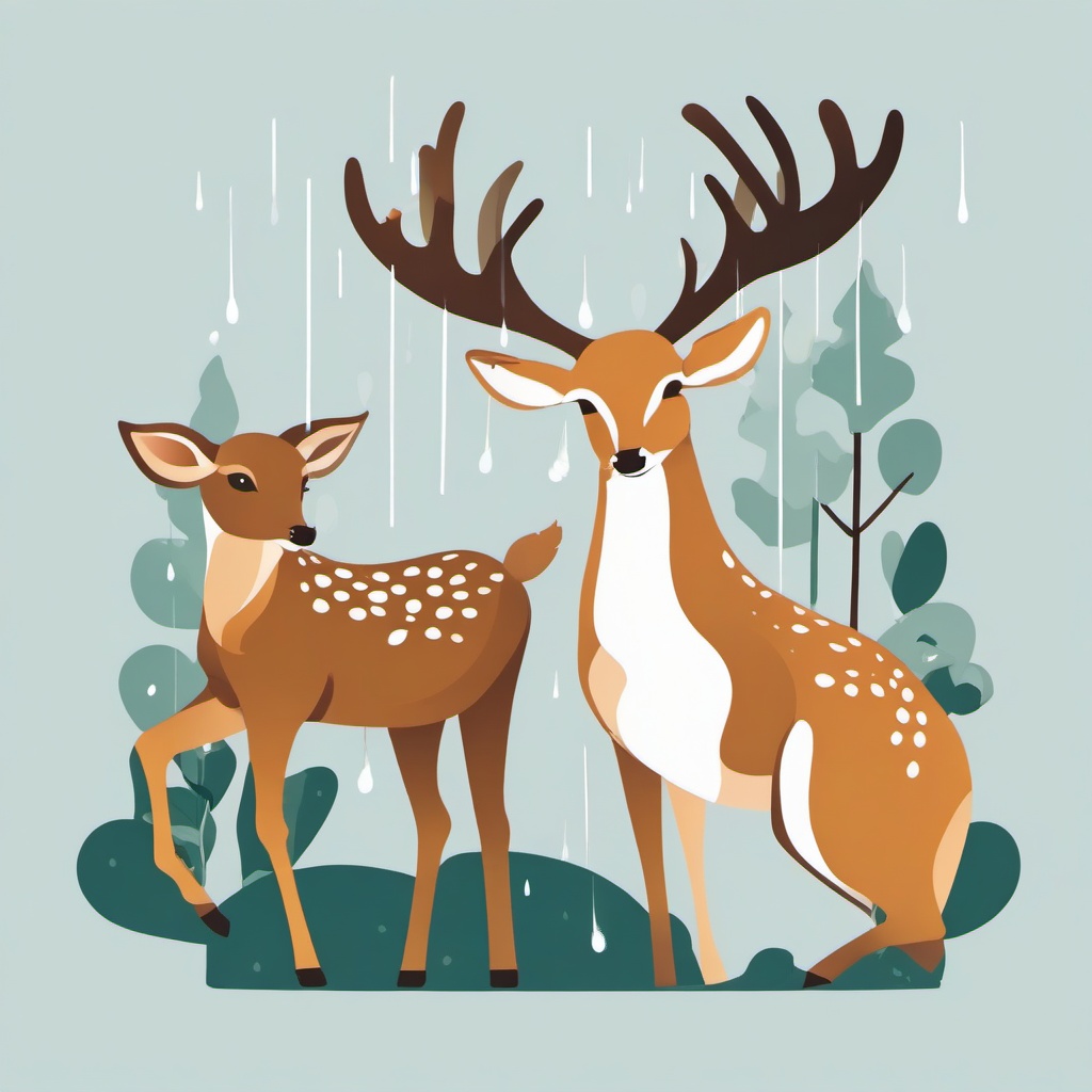 Deer clipart - deer playing in the rain with other animals  color,minimalist,vector clipart