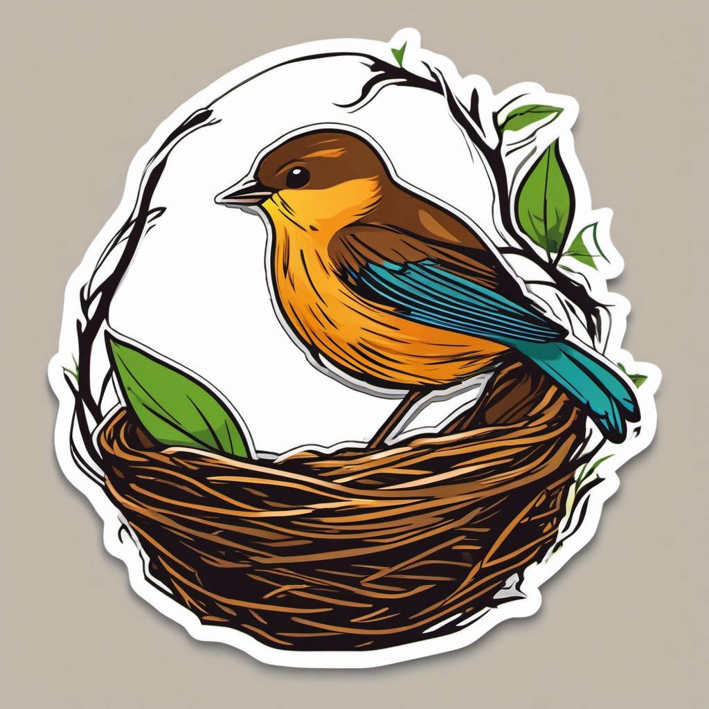 Bird Sticker - A chirping bird in a nest, ,vector color sticker art,minimal