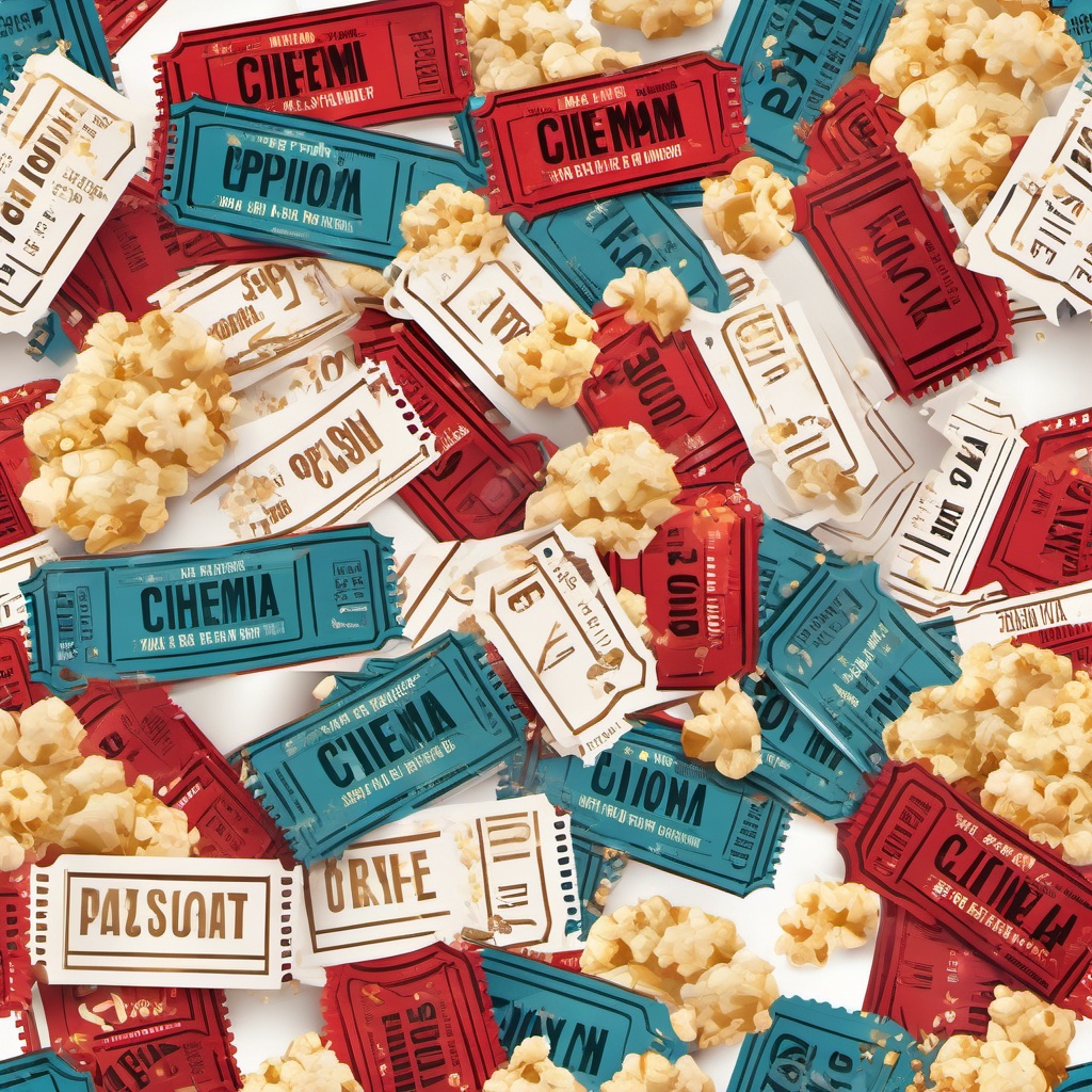 Movie clipart - cinema tickets and popcorn scattered  color,minimalist,vector clipart