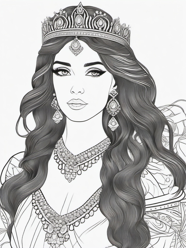 Princess with Jewelry Coloring Pages - Adorned in Beautiful Accessories  minimal black outline printable sheet, coloring page