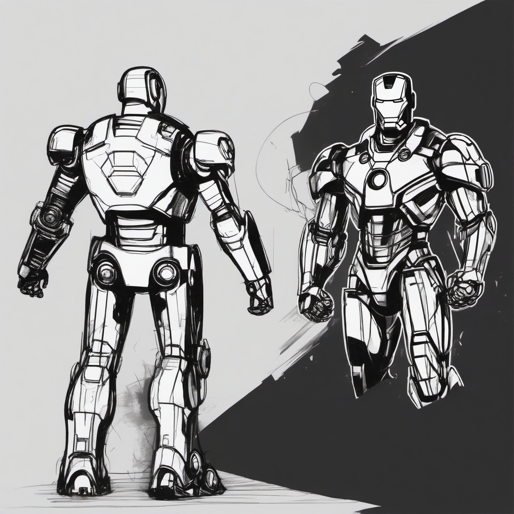 drawing of Iron Man and a robot  minimal rough sketch scribbles,doodles,black and white