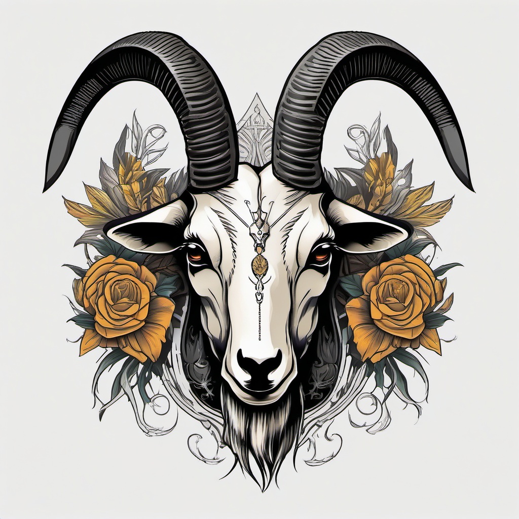 Goat Skull Chest Tattoo - A chest tattoo featuring the skull of a goat.  simple color tattoo design,white background