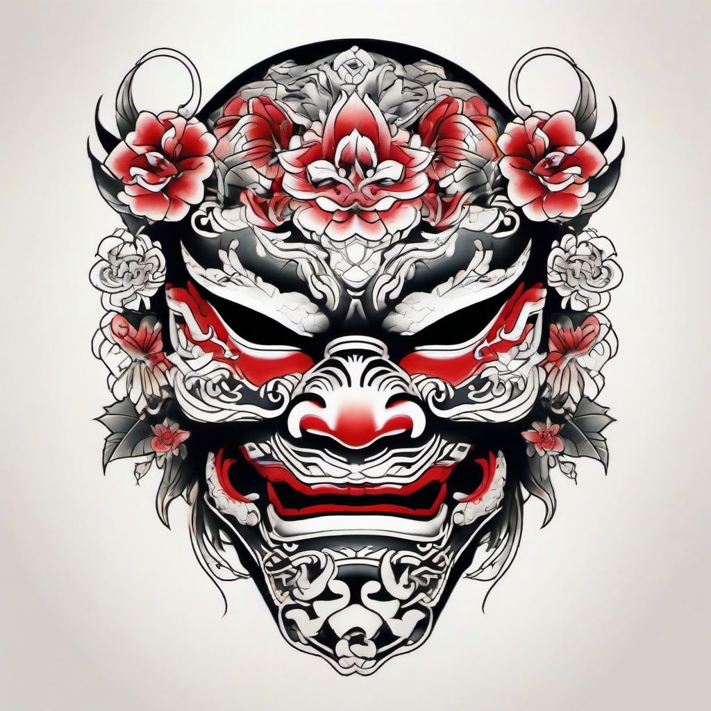 yakuza mask tattoo  simple color tattoo,white background,minimal  ,tattoo design, white background