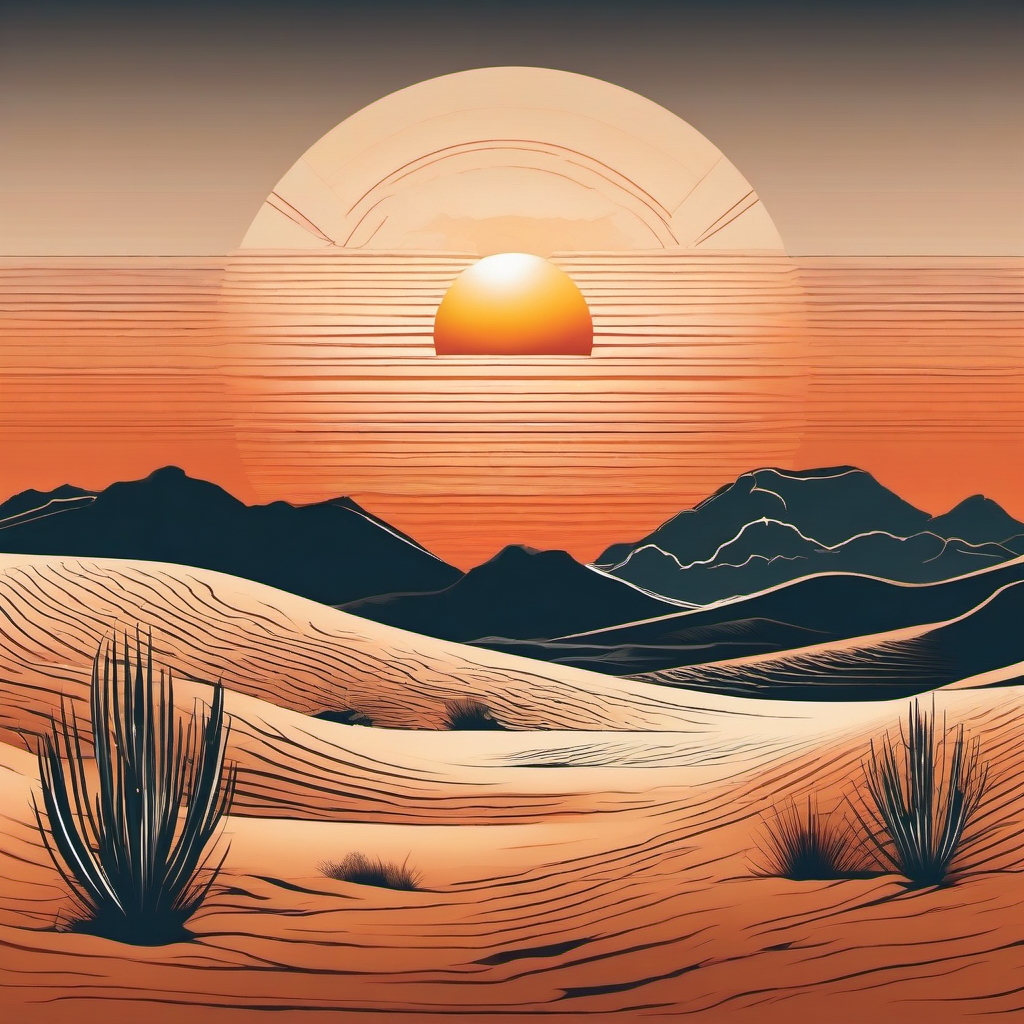 Desert Mirage Sunset - Earth-themed tattoo with a surreal desert landscape during sunset.  outline color tattoo,minimal,white background