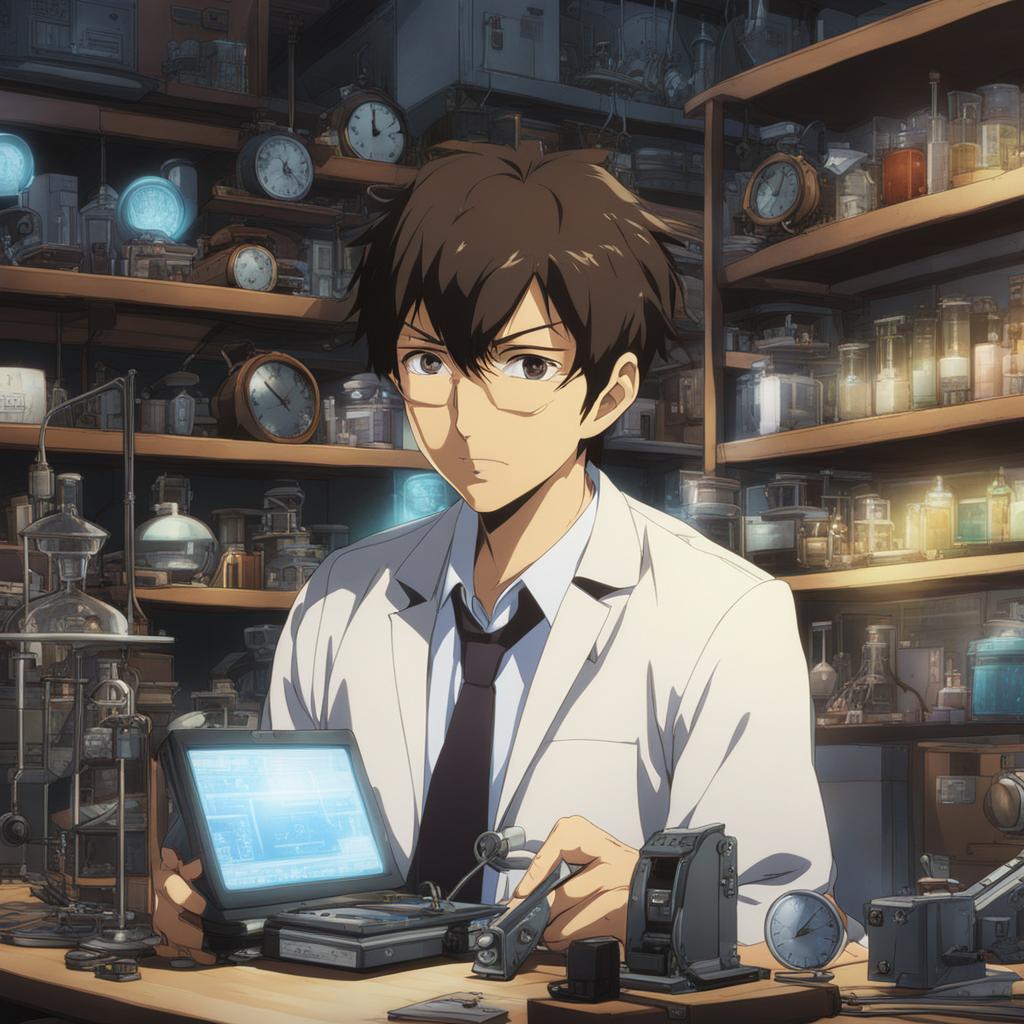 rintarou okabe experiments with time travel gadgets in a cluttered laboratory. 