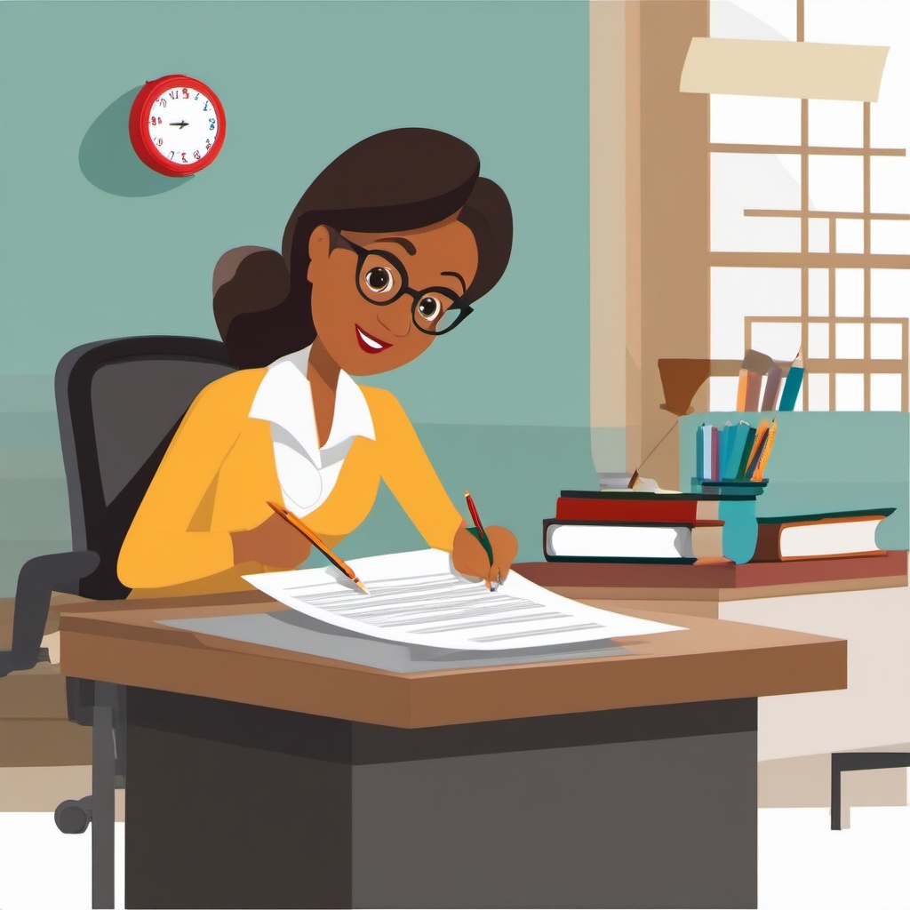 Teacher clipart - teacher grading papers at a desk  