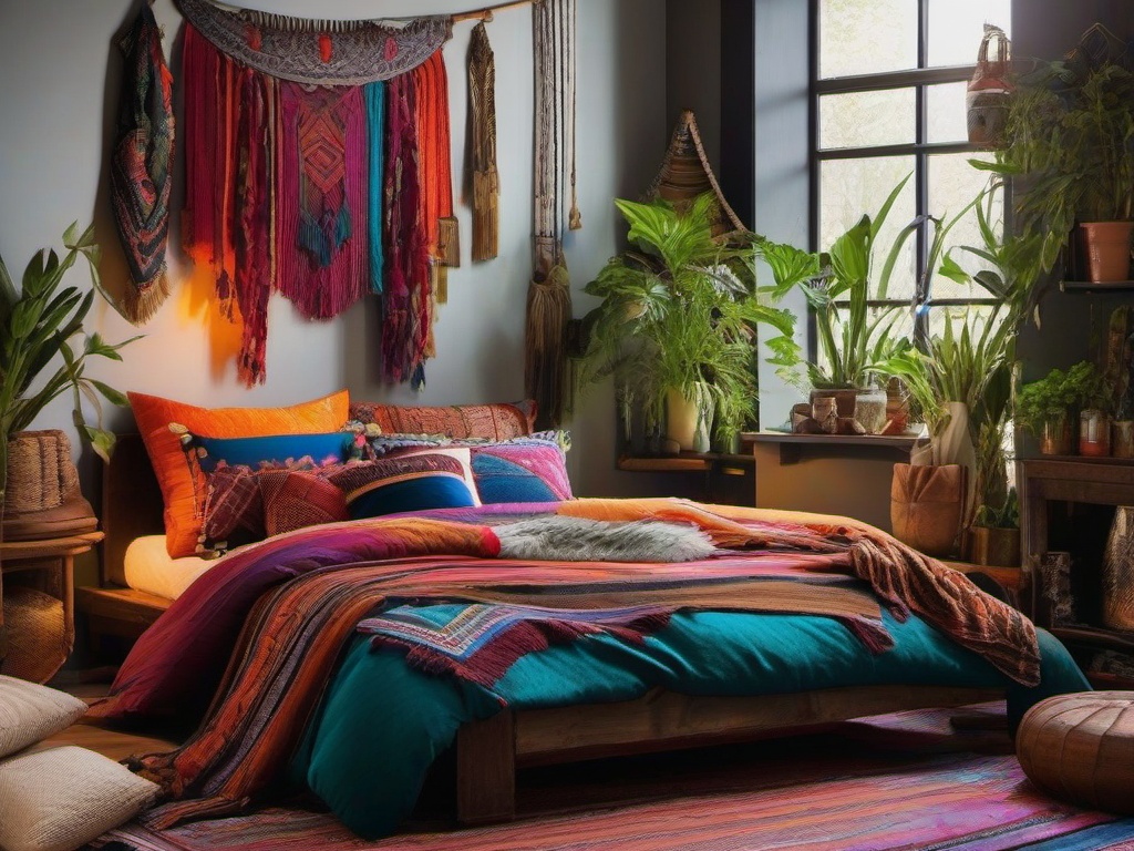 Bohemian bedroom filled with vibrant textiles, hanging plants, and eclectic decor offers a free-spirited and artistic vibe.  