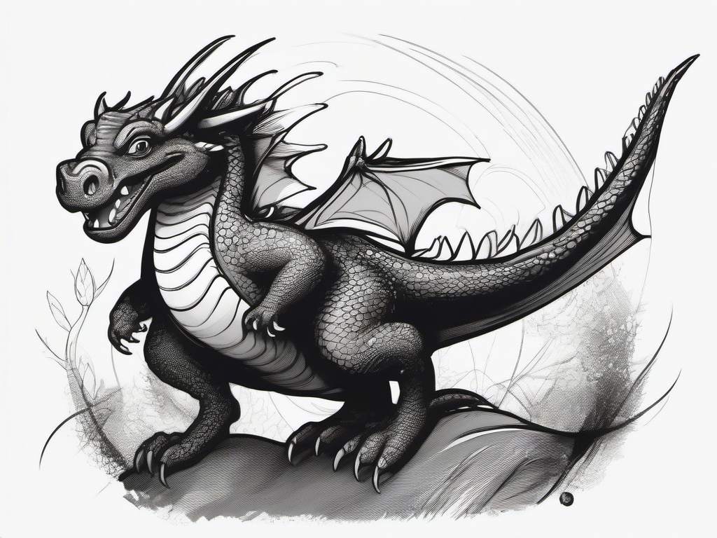 drawing of a friendly dragon waving  minimal rough sketch scribbles,doodles,black and white