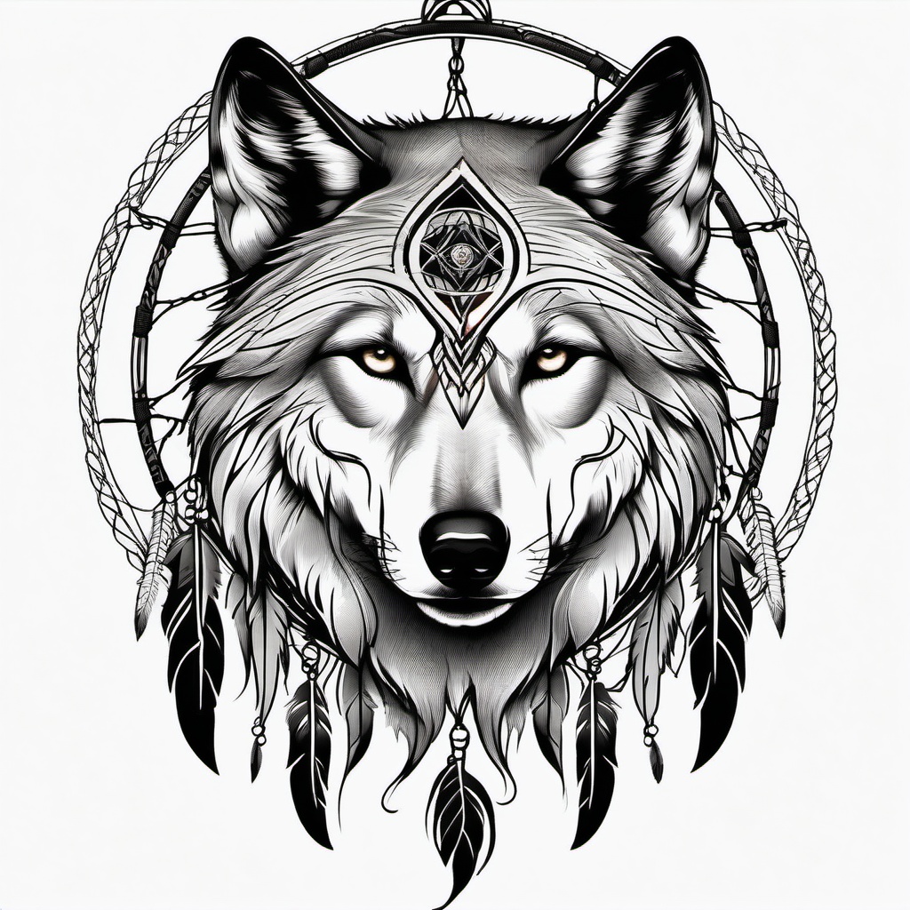 Dream Catcher Tattoo with Wolf,dreamcatcher united with a wolf in a tattoo, protector of dreams and guardian of the wild. , tattoo design, white clean background