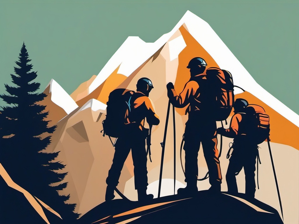 Mountain Climbing Summit Team Clipart - A team of climbers reaching a mountain summit.  color vector clipart, minimal style