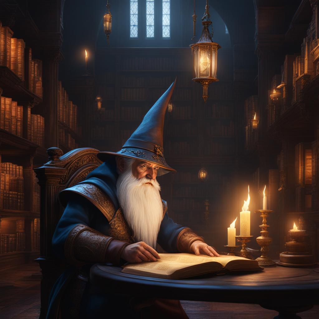 gnome wizard,thalia shadowcaster,deciphering an ancient arcane tome,a dimly lit library detailed matte painting, deep color, fantastical, intricate detail, splash screen, complementary colors, fantasy concept art, 8k resolution trending on artstation unreal engine 5