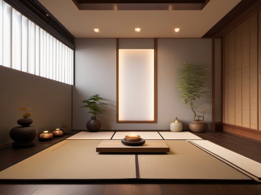 Zen meditation room features tatami mats, minimalist decor, and soft lighting for a serene and calming space.  