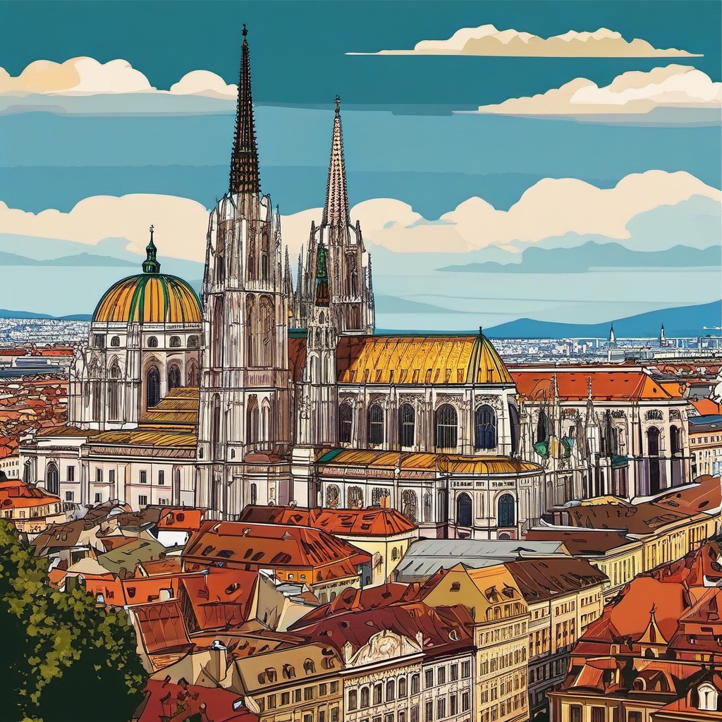 Vienna clipart - St. Stephen's Cathedral and Vienna cityscape,  color vector clipart