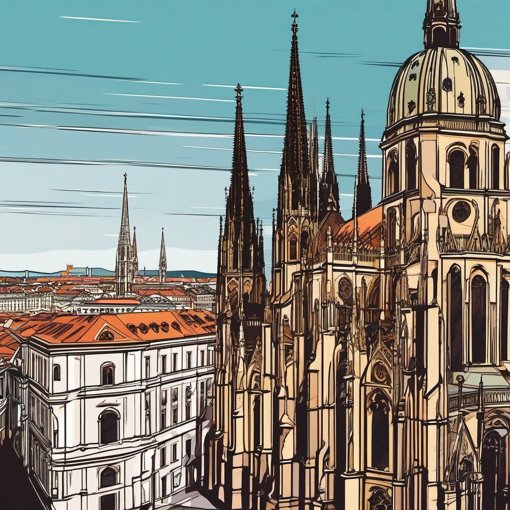 Vienna clipart - St. Stephen's Cathedral and Vienna cityscape,  color vector clipart