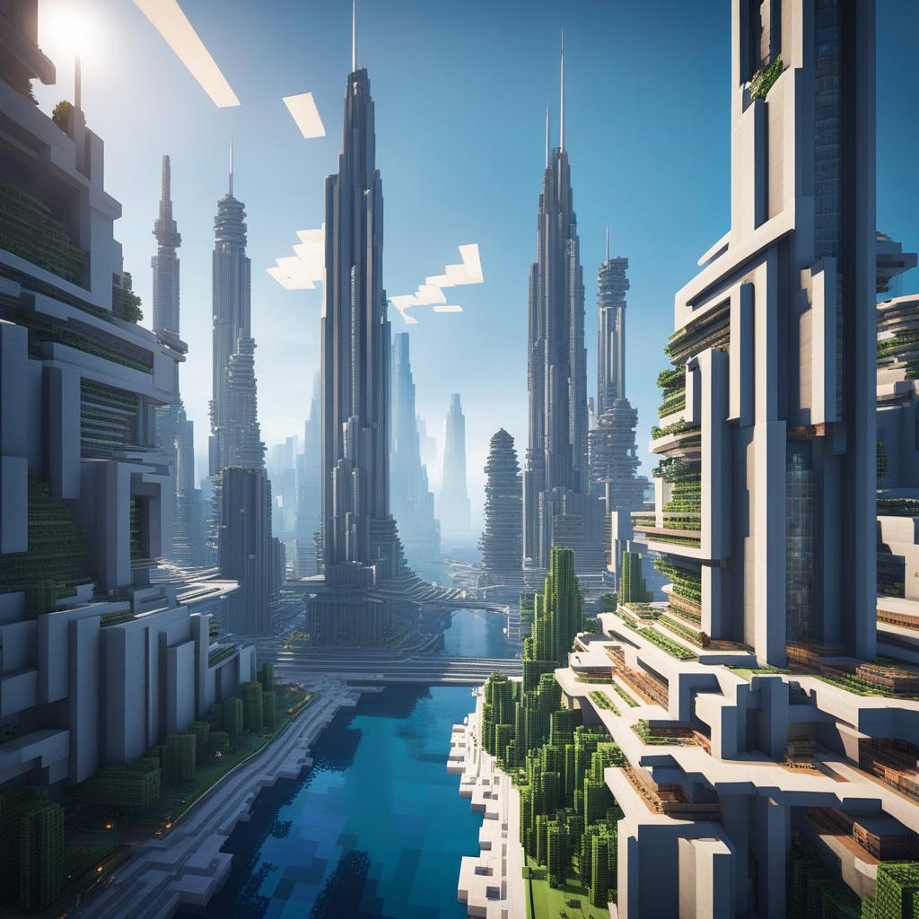 futuristic cityscape with towering skyscrapers - minecraft house design ideas minecraft block style