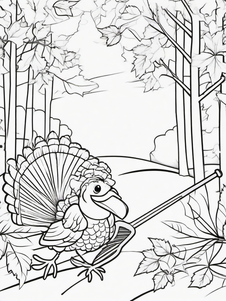 Turkey and Rake Coloring Pages - Playful Scene with Turkey Raking Leaves  minimal black outline printable sheet, coloring page