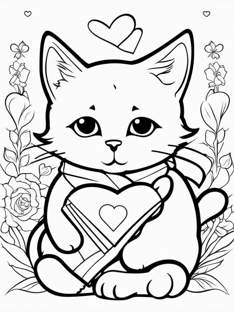 Kitty with a Heart Banner Coloring Pages - Kitten Holding a “Love” Banner  minimal black outline printable sheet, coloring page