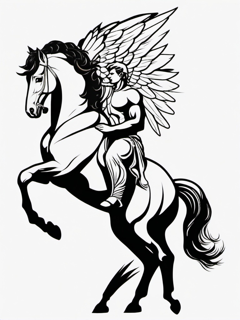 Hercules and Pegasus Tattoo - Capture the mythical bond between Hercules and Pegasus with a tattoo, showcasing the hero's winged companion.  simple color tattoo, minimal, white background