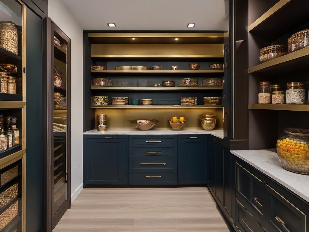 The pantry showcases Egyptian Revival interior design with organized shelving, rich colors, and thematic decor that make food storage both practical and stylish.  