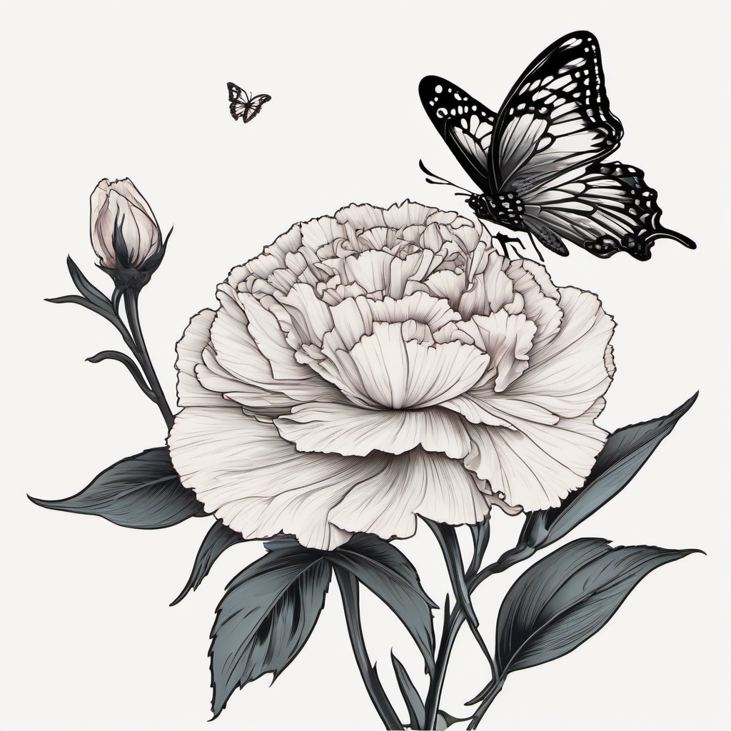 Carnation with Butterfly Tattoo,Symbolism of transformation and beauty in a carnation and butterfly tattoo, a harmonious and meaningful choice.  simple color tattoo,minimal vector art,white background