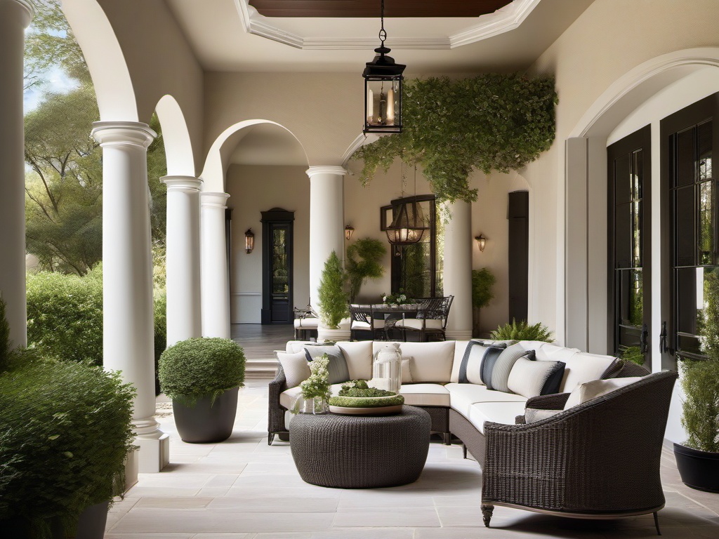 The outdoor patio embraces Regency interior design with elegant furniture, decorative lanterns, and lush greenery that create a sophisticated space for relaxation and gatherings.  