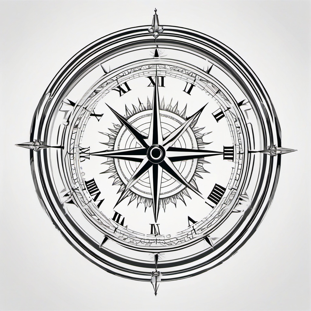 Clock Compass Tattoo - Fusion of a clock and compass motifs.  simple vector tattoo,minimalist,white background