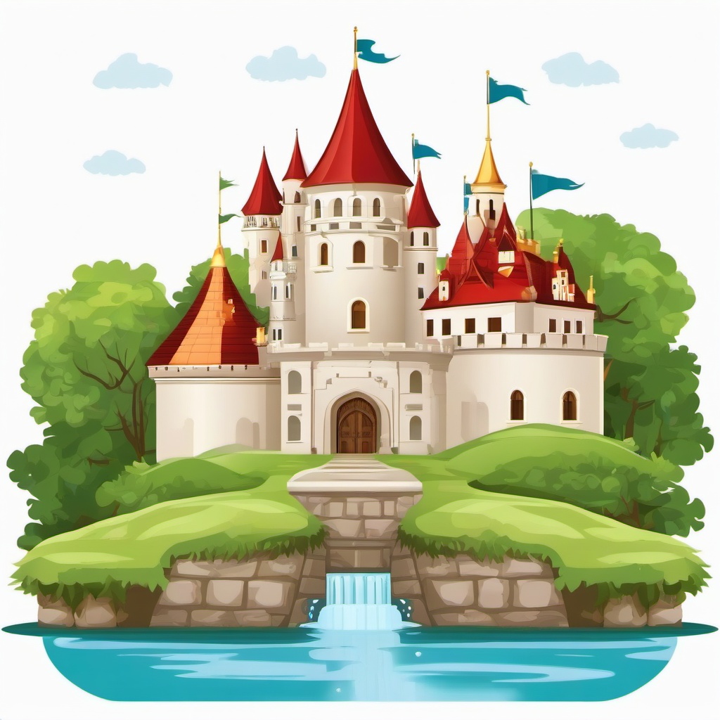 Grand castle with a moat clipart.  vector style illustration, white background