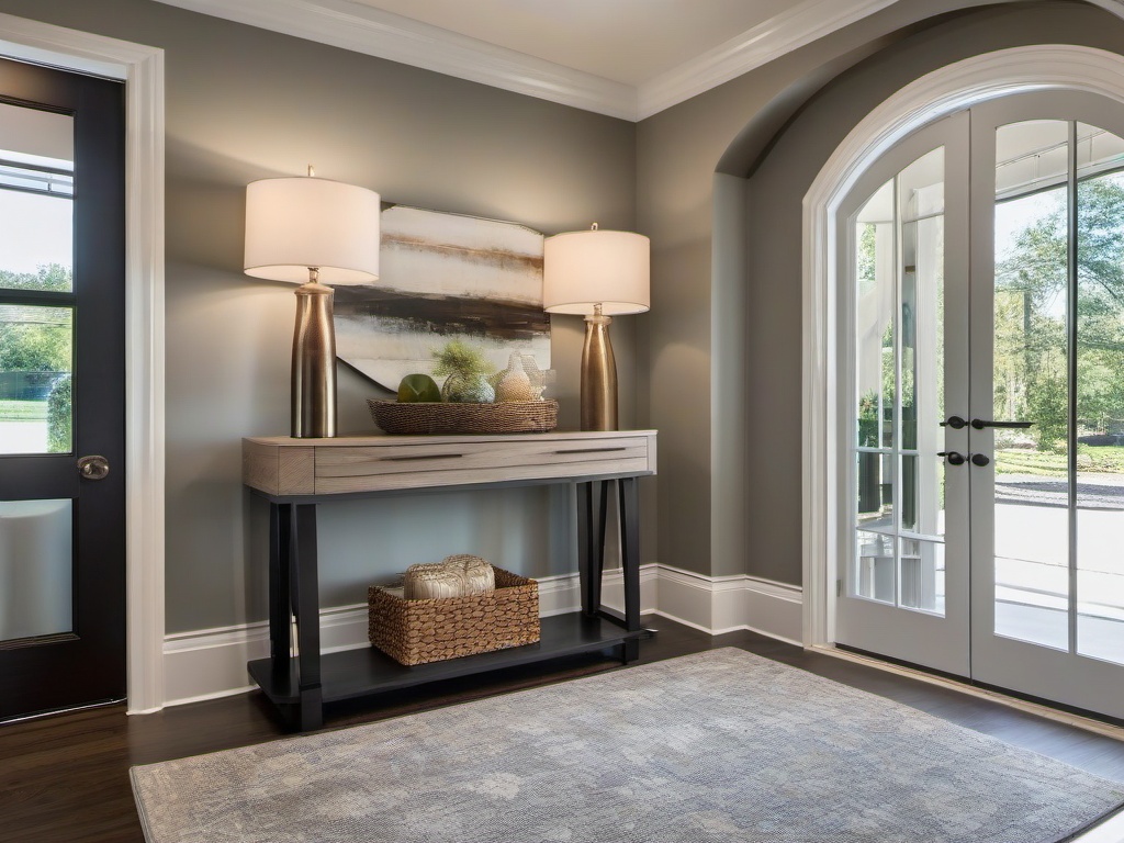 Contemporary entryway showcases a spacious entry table, ample natural light, and vibrant decor, creating an inviting area for transitioning into the home.  