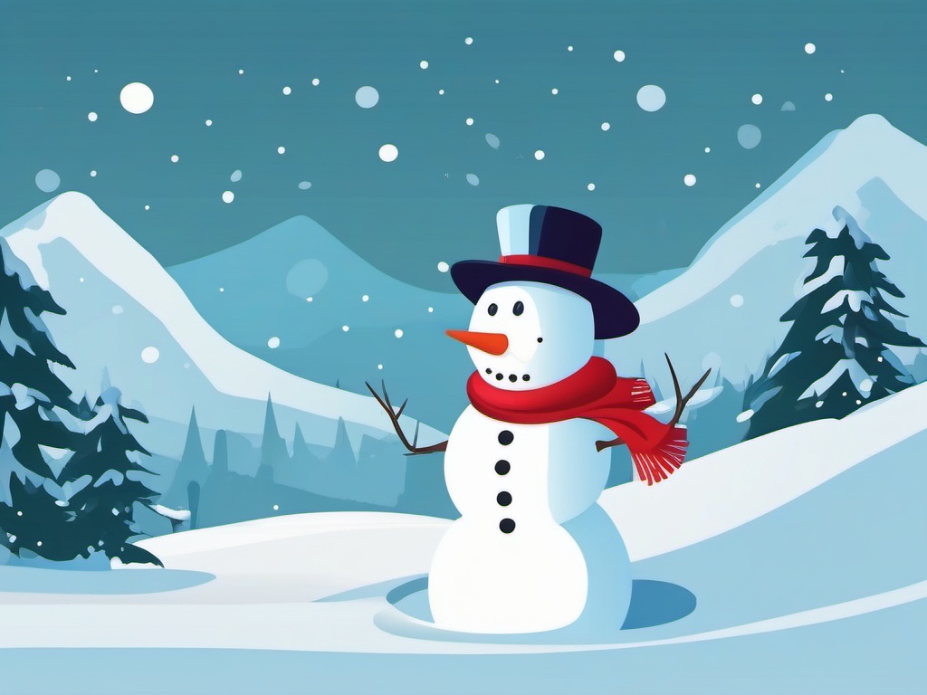 Clipart of a Snowman,Illustrating a snowy adventure story  simple, 2d flat