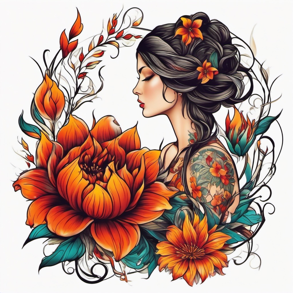 fire and flower tattoo  simple color tattoo,white background