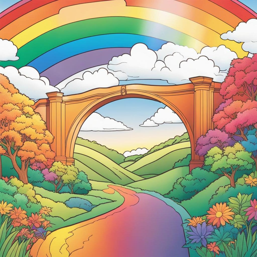 rainbow coloring pages - a vibrant rainbow arches across a sunny sky. 