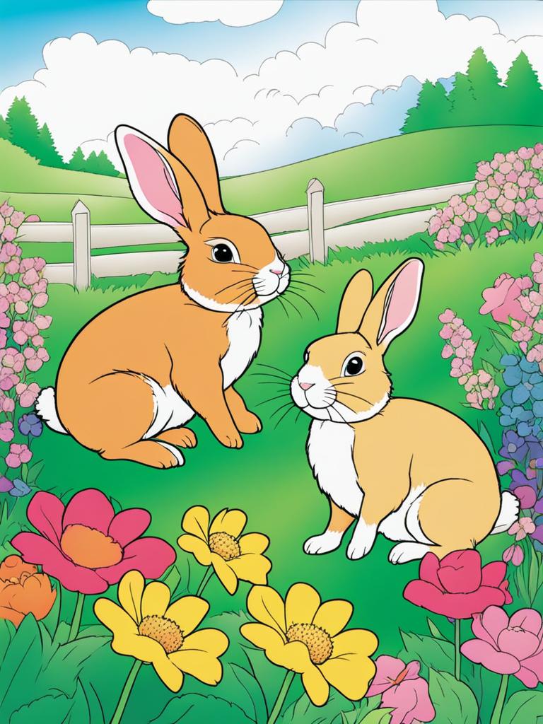 spring coloring pages - bunnies hop and play in a field of colorful spring flowers. 