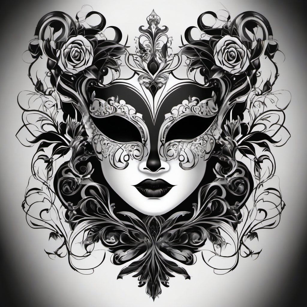 Gothic harlequin mask design: Elegance and mystery, a unique twist on tradition.  black and white tattoo style