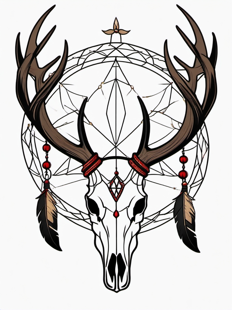 Deer Skull Dreamcatcher - Weave the symbolism of dreams and protection into a tattoo featuring a deer skull within a dreamcatcher.  outline color tattoo,minimal,white background