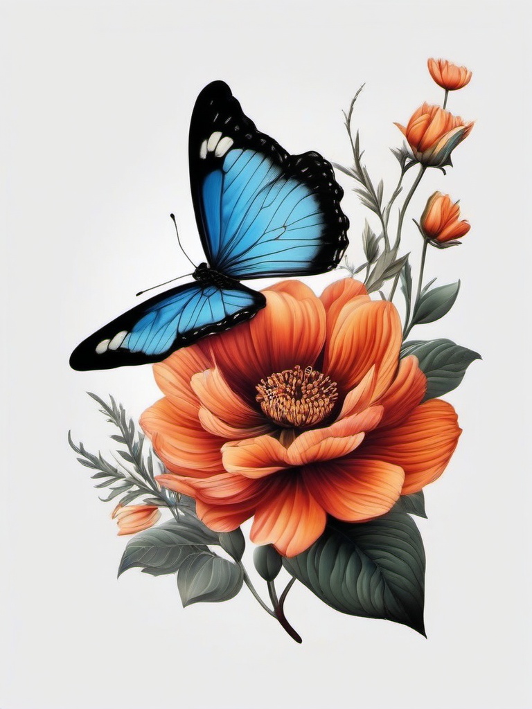 flower with a butterfly tattoo  simple color tattoo,white background,minimal