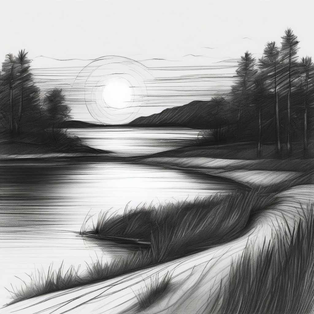 pencil drawing of sunset  minimal rough sketch scribbles,doodles,black and white