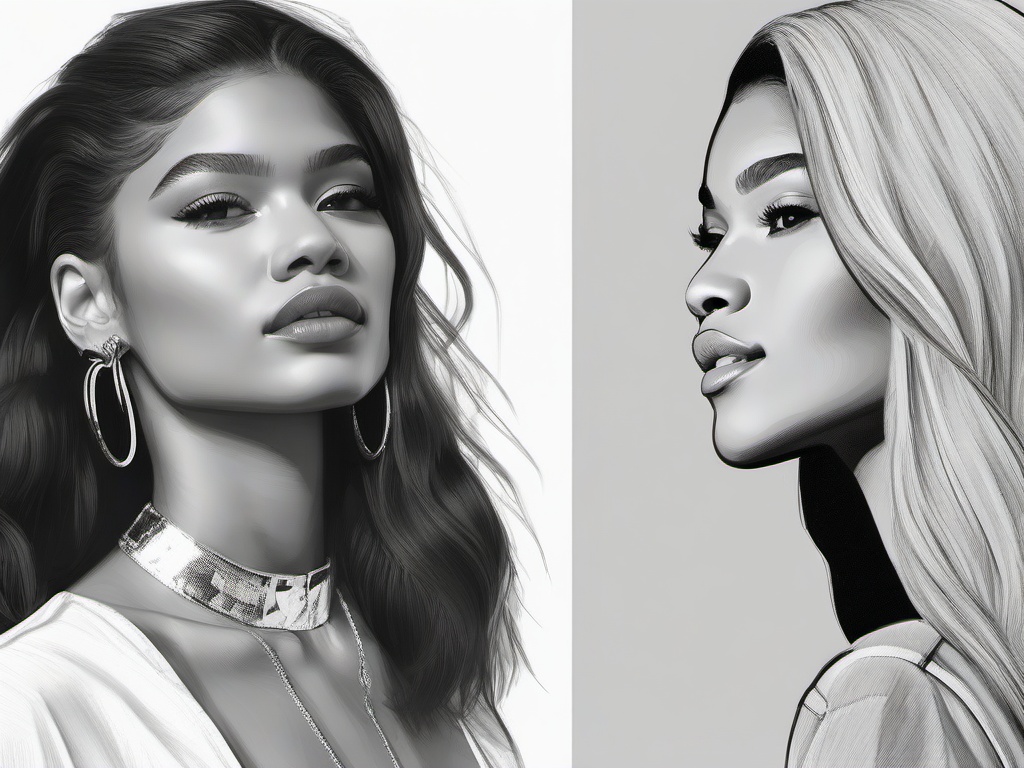 drawing of Zendaya in a casual street style  minimal rough sketch scribbles,doodles,black and white