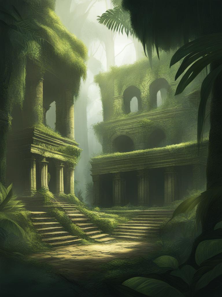 lost ruins - sketch the discovery of ancient and overgrown ruins in a remote jungle. 