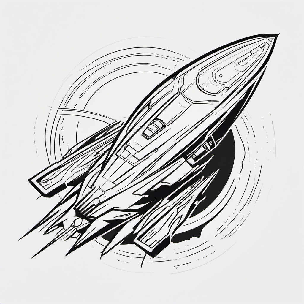 Spaceship Tattoo - A sleek spaceship tattoo embarking on a journey  few color tattoo design, simple line art, design clean white background