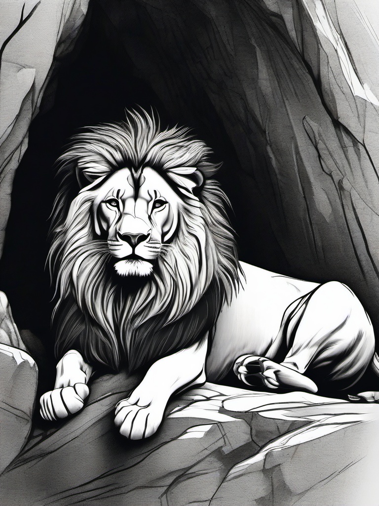 drawing of a lion in cave  minimal rough sketch scribbles,doodles,black and white